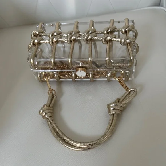 Gold Braided, Gold chain, Two Way Box Clutch & Shoulder Bag, Transparent bag. Mini Bags